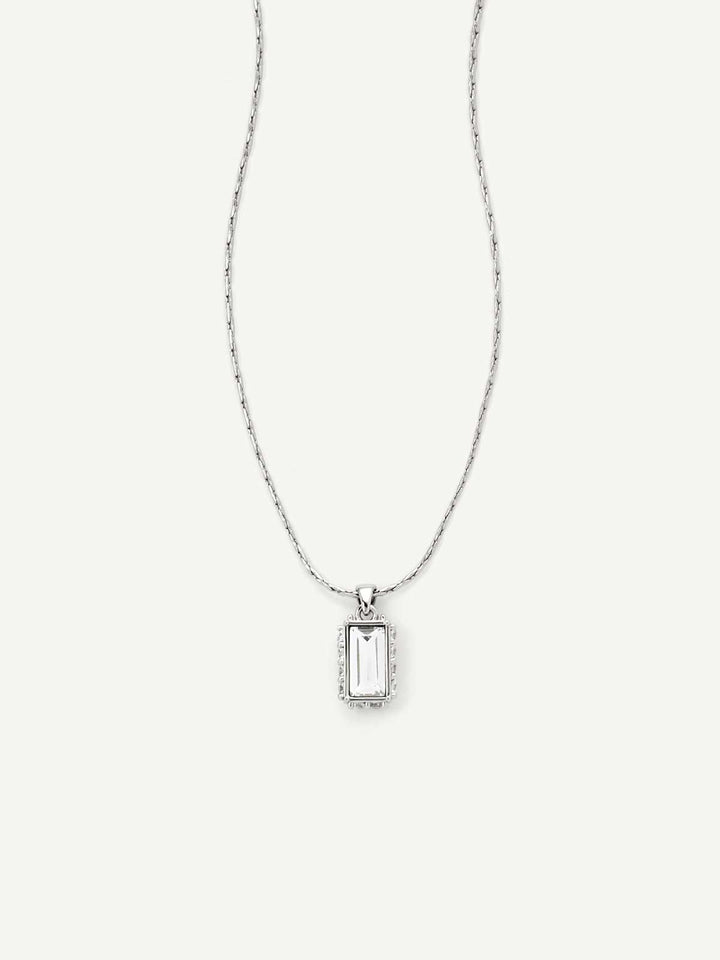 Silver necklace with a rectangular pendant on a white background